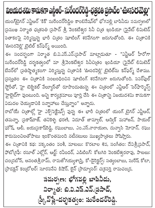 ntr latest movie oosaravelli,ntr surender reddy movie title confirmed,oosaravelli producer bvsn prasad,oosaravelli release date,oosaravelli releasing on vijayadashami  ntr latest movie oosaravelli, ntr surender reddy movie title confirmed, oosaravelli producer bvsn prasad, oosaravelli release date, oosaravelli releasing on vijayadashami